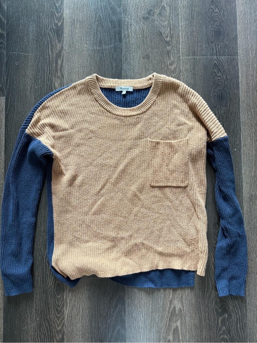 Madewell Two-Tone Tan and Navy Crewneck Sweater